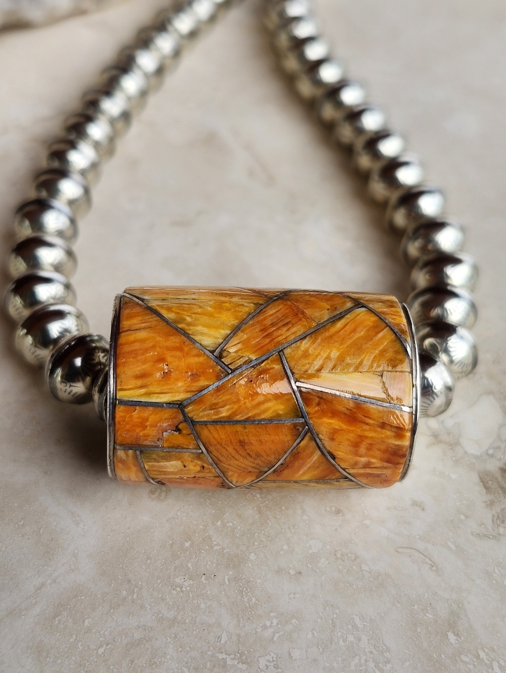 Sterling Silver Navajo Signed Spiny Oyster Inlaid Necklace